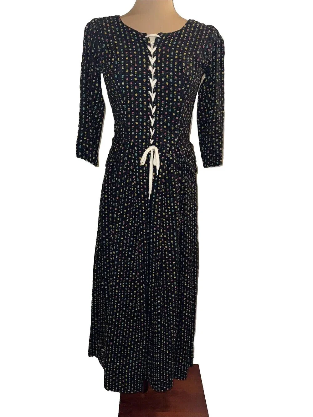 Vintage Boho Handmade Maxi Dress Prairie Cottage Core Floral Black